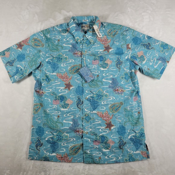 Reyn Spooner Sea Safari Button Up Aloha Shirt Men's Large Blue Hawaiian NWT - Picture 1 of 8